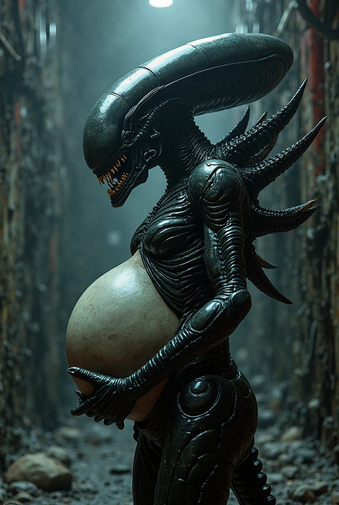 A stunning portrait of Ellen Ripley She is pregnant, holding her belly, the xenomorph is holding her, location is dark interior of spaceship, young and beautiful, hyper realistic, real portrait, backlit, exquisite features, cleavage, sexy, seductive, natural light, soft light, nine months pregnant, large belly, embodiment of love, bare belly, she has very short curly hair