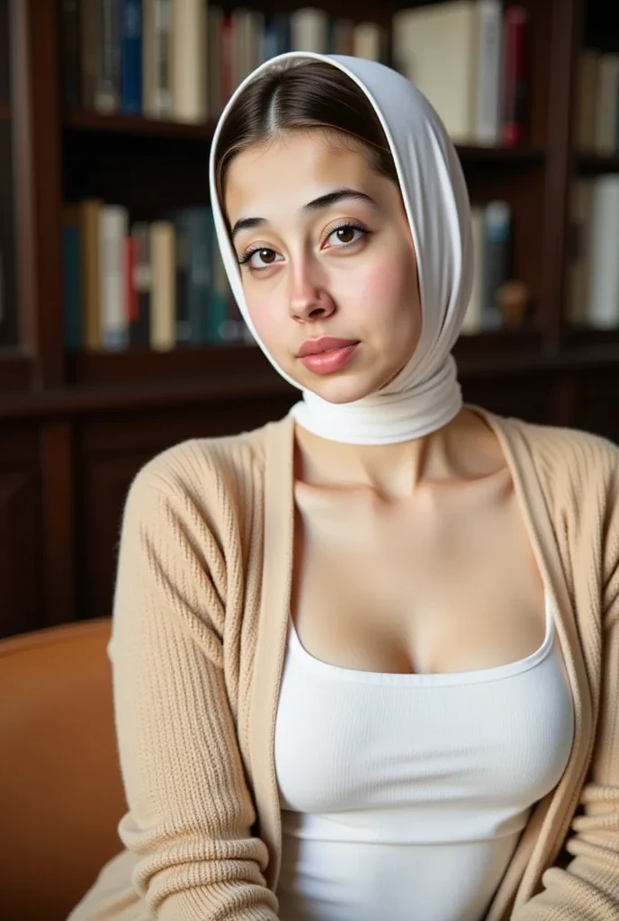 (From a straight above, birds-eye perspective), 1girl, Portrait of an 17 year old cute beautiful perfect face, with hijab, petit teengirl knelt on the wooden floor, undressing nude body.very beautiful Russian, her eyes gazing up toward the camera, sleeveless t-shirt, cleavage, bright eyes, solo focus, close up, presenting face, open mouth, looking at viewer, super calvagss