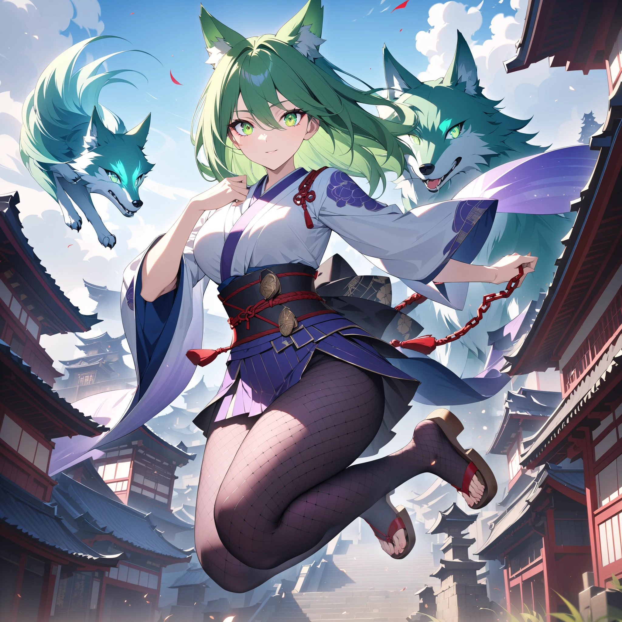 green wolf , I'm wearing a crimson chain, purple fishnet tights , Wear wooden clogs on your toes, Clear Red Eyes Giving a Charming Glow, High resolution combative female samurai, (*eyes:1.6),
Blurry Ancient City Backgrounds Jumping Over You, Antique, fantasy fantasy, Mysterious Phantasmal iridescent Magic,
Best Quality,