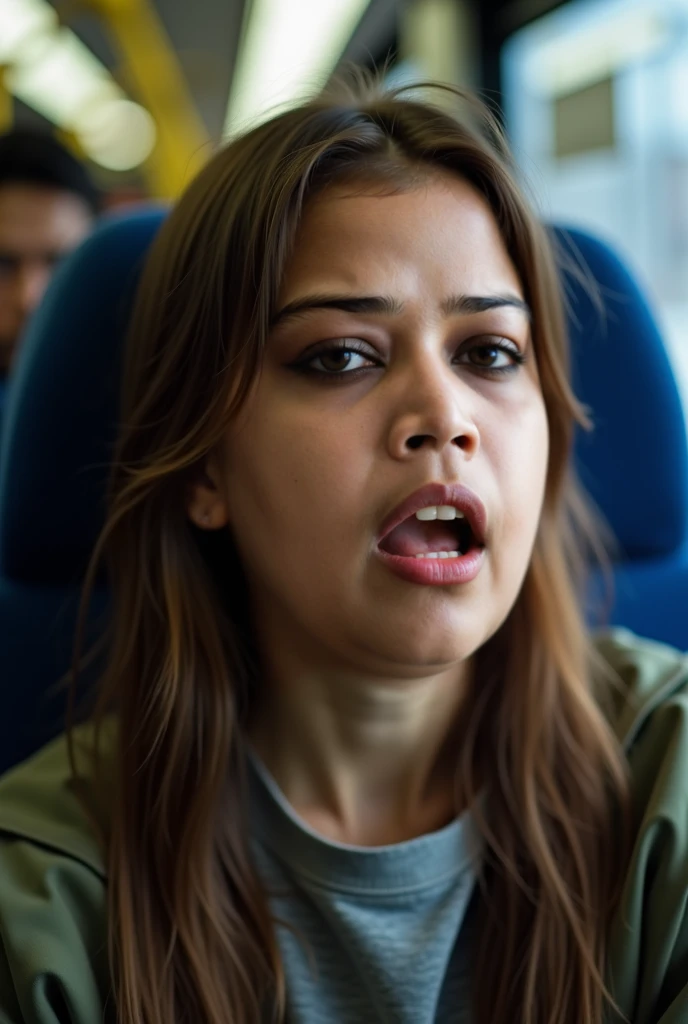 A ferocious girl with an angry expression. The background is a bus, mid shot, (masterpiece, best quality, Professional, perfect composition, very aesthetic, absurdres, ultra-detailed, intricate details:1.3)