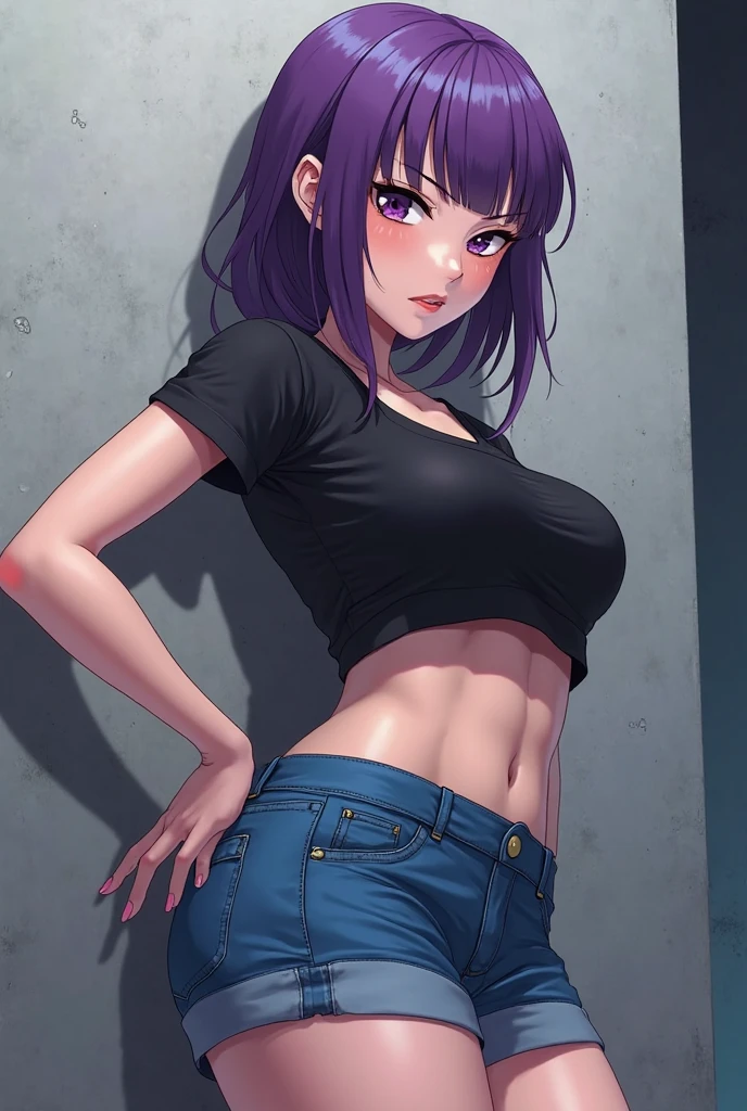 （Lifelike， hight resolution：1.3）， 1 girl with a perfect body， super fine face and eyes，length hair，purple color  hair， Tank top of random colors：1.2， Short jeans， Big boob，Expose cleavage