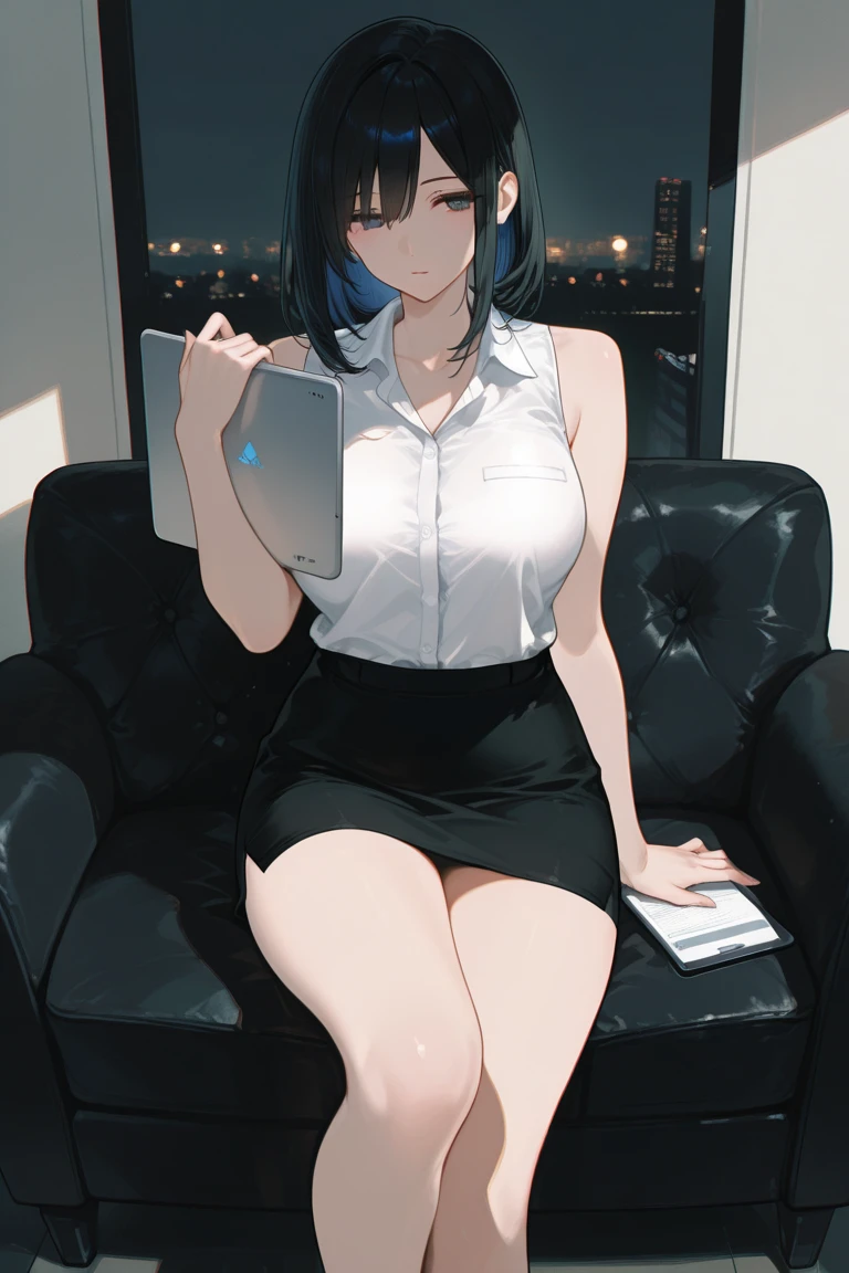 1girl, large breasts,clothes in mouth, cleavage, navel, t-shirt, ((bra)),clothes lift, shirt in mouth, skirt, lying, full Body,sexy body,sitting