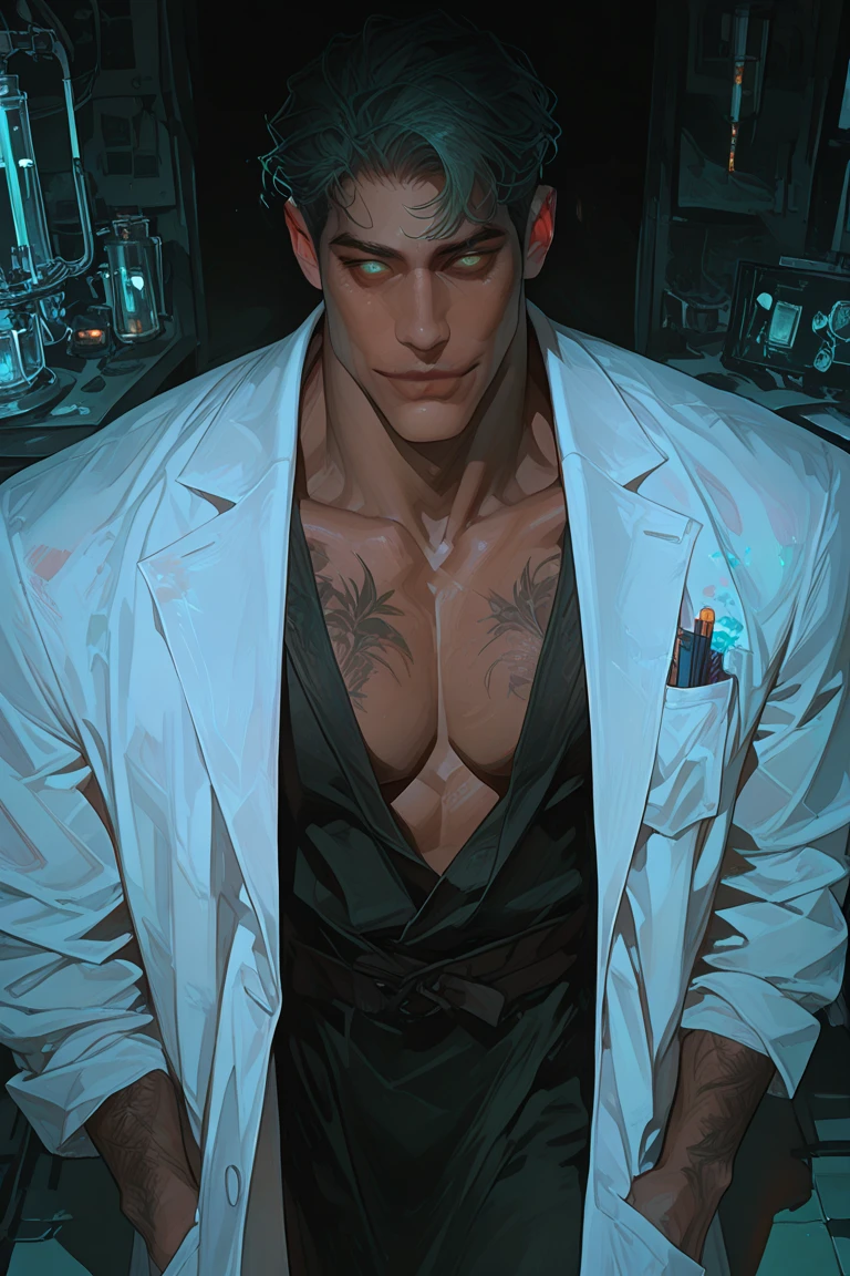 illustration that evoke stoicism men from 25 years old, shirtless, barefoot, strong, slim body Importance of Reason Style: Scientific realism, with a focus on detail and precision. Color palette: Cool, neutral tones (navy blue, gray, white) to convey clarity and objectivity. Expression: A concentrated and determined gaze, brow slightly furrowed in thought. Setting: A well-equipped laboratory filled with scientific instruments and chemicals.