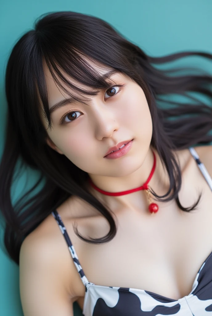 masterpiece), (highest quality), (Super detailed), (messy hair), (shape), (one japanese girl), (fashionable labe bra), Are standing, Fashion Model, (interview), (simple red background), fine and beautiful eyes, delicate beautiful face, floating, (high color saturation),  focus on face, ponytail, black hair, bangs,floating Hairs, (shining), best writing, best shadow,stylish living room