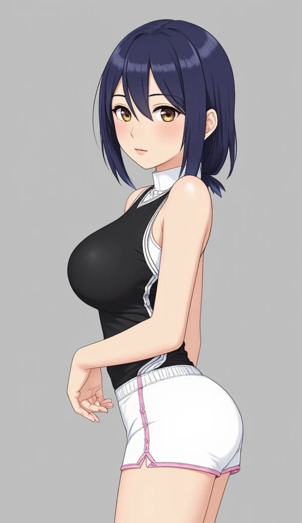 1girl, solo, breasts, blush, short_hair, monochrome, greyscale, looking_down, genderswap, spiked_hair, clothes_writing, genderswap_(mtf), dragon_ball