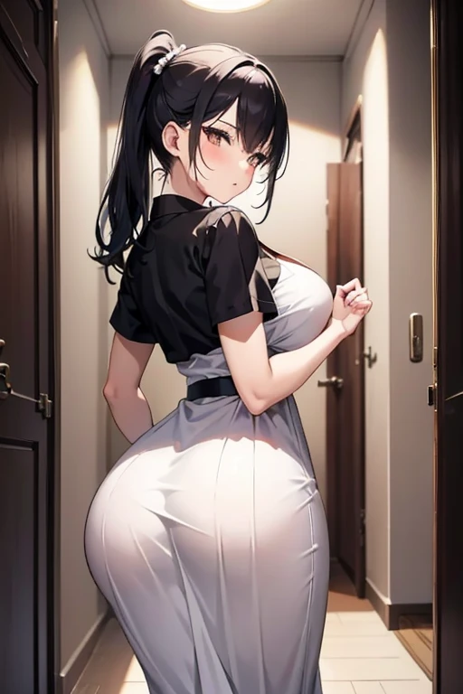 One Woman、beautiful girl、maid、20-year-old、ponytail、Western-style building、maidの、Calm expression、Droopy eyes、柔らかなsmile、Maternal expression、Baby Face、頭にmaidカチューシャ、panties under pantyhose、Short skirt、Black Pantyhose、Ultra-high definition image quality、Highest quality, smile,Big Breasts、Very large breasts、Wipe the floor with a rag、Clean the floor with a hand towel.、Squint your eyes and smile、Crouching to clean the floor、Floor mopping on all fours、Turn your butt towards the viewer、Back pose、Big Ass、back、Facing the floor、Crawling to the floor、Sweaty ass