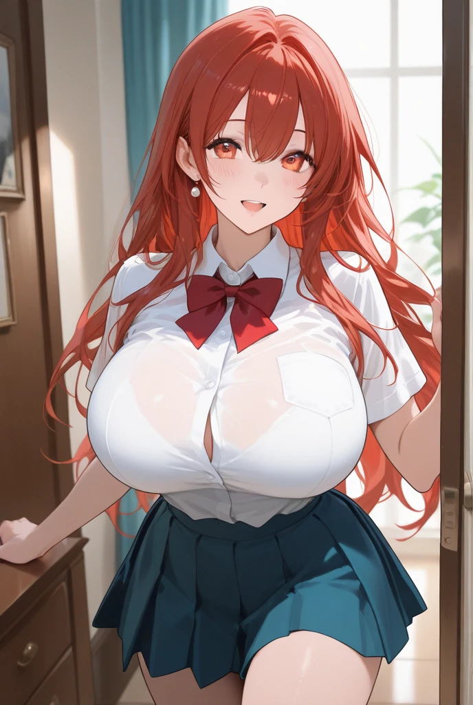 inoue orihime, inoue orihime, Long hair, Orange hair, (Brown eyes:1.5), Take off your uniform, bow ribbon, Neck ribbon, Bow, bowtie, Red bow, White collared shirt, looking at the viewers, BREAK (masutepiece:1.2), Best Quality, High resolution, Unity 8k wallpaper, (Illustration:0.8), (Beautiful detailed eyes:1.6), extra detailed face, Perfect Lighting, extremely details CG, (Perfect hands, Perfect Anatomy),Smile with open mouth、(Bra is fully exposed:1.5),(White bra:1.3),(shirts lift:1.3),(Open Shirt:1.3)、plein air、outside of house、(huge-breasted:1.3), (big breasts:1.3)、is standing、plein air、blue-sky, shiny oily skin with high contrast,, huge long breasts,, (white panties:1.3)、(Fully exposed panties:1.5)、