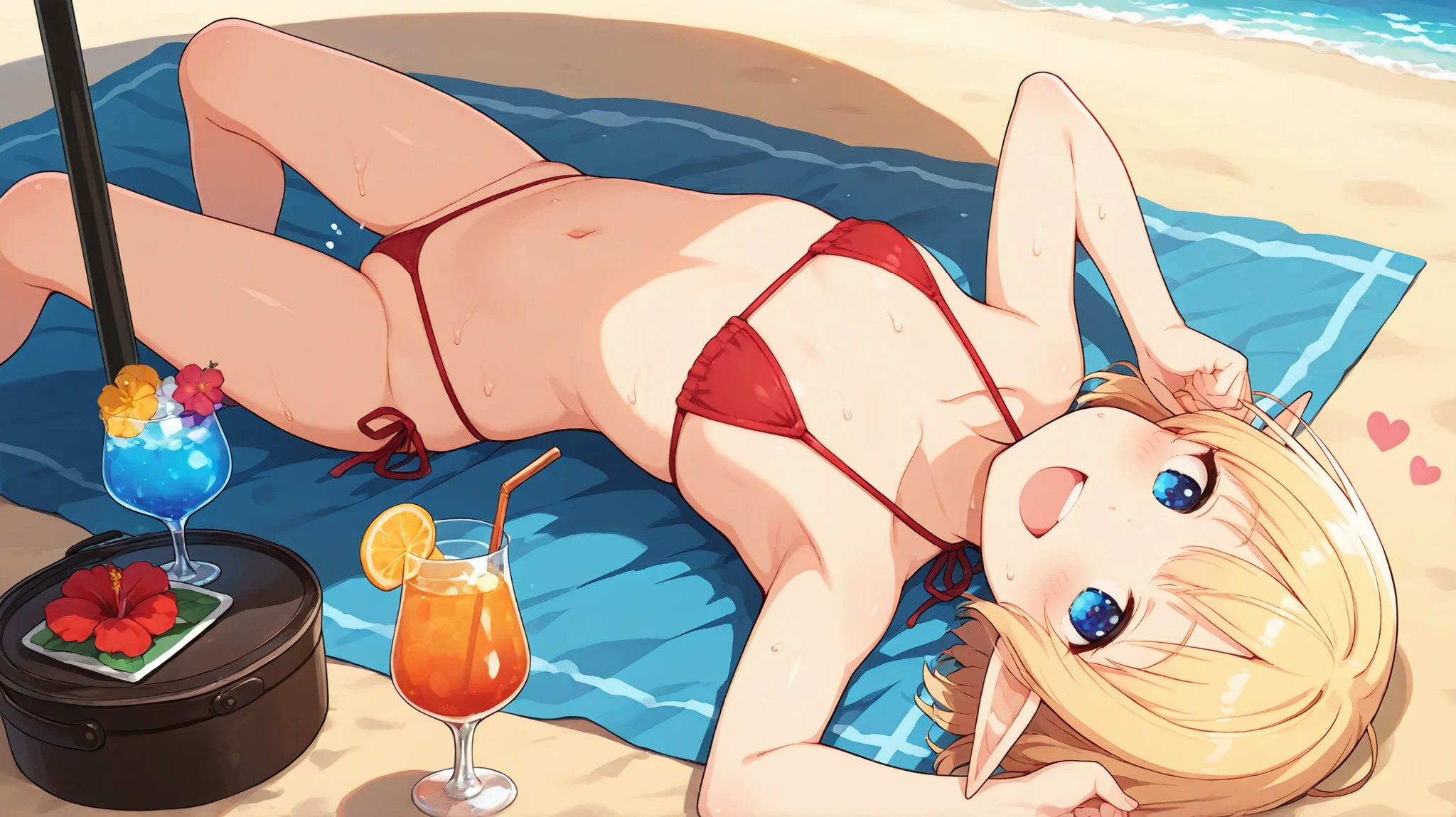 red thong bikini, elf girl, small breast, beach, sunshine, sand, umbrella, happy, sweat, cocktail glass
