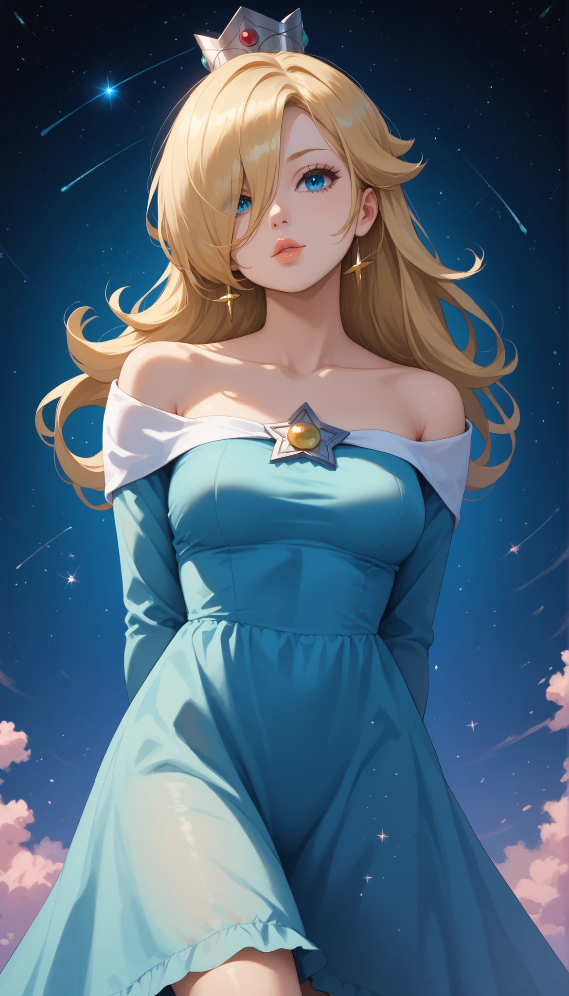 1 girl, mature appearance, long hair, blonde hair hair, crown on head, big blue eyes, highly detailed face, glossy detailed lips, sultry expression, bangs over one eye, eyeshadow, medium sized breasts, exposed cleaveage, exposed shoulders, collarbone, long slender legs, highly detailed clothing, blue.dress with lace trim, long flowing sleeves, stood, dynamic angle, view from below , dynamic background, in space, stars, starry sky, galaxies, nebulas, shooting stars, glitter sparkles, stunning 8k quality, masterpiece, vivid colors, arms and hands behind back, leaning slightly, slight head tilt
