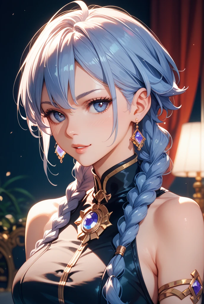 "((Fantasy art)) featuring an alien girl, immersed in a heavenly symphony, clouds turn into bright splashes, flowers are scattered, like notes in the wind, visual orchestration of color and wonder" night , full moon on Thursday, Best quality,  masterpiece, Best quality, 1 girl, One, ganyutb, horns, ahoge, hair ornament, hair flower, neck bell, dress, cut off the sleeves, black gloves, parted lips, looking, tired, Dark, Darkness, night, night sky, Beautiful, serene, lock of hair