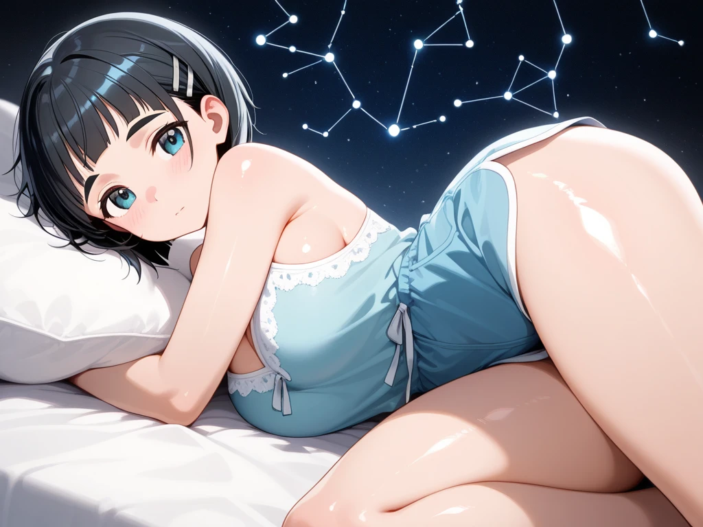 master part, high, high quality, detailed face, Detailed body, full body, natural body, nude, 1girl, solo, hinata hyuuga, short blue hair, white eyes, nude shoulders, large breasts, necklace, bracelet, hair ornament, lying down, happy, blushes, hands on own chest, night, space, nebula, moon and stars, galaxy,