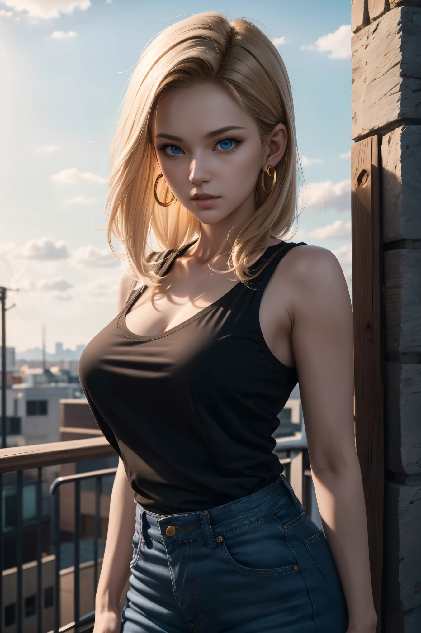 No.18,Dragon Ball z,Dragon Ball Super,one length hair,beautiful platinum hair,shortcut to watch from the side, Beautiful Blue Eyes ,pink lips,white skin,cool expression,Black sleeveless,blue jeans for boys,ultra high definition,super quality,masterpiece,DSLR,Photoreal, more information,Vivid details,Detailed depiction of ,detailed faces with ofisu, more information,Super Detailed,realistic skin texture, colorful candy room ,perfect anatomy,human body structurally correct hand,Anatomically Correct Fingers,complex 3D rendering,Big breasts,Gold Ring Earrings ,Nature,Beautiful spring scenery,Mysterious spring scenery,Beautiful Dusk,Wind Fluttering Hair,Picturesque,take a picture of Hirose's full body,9 heads,