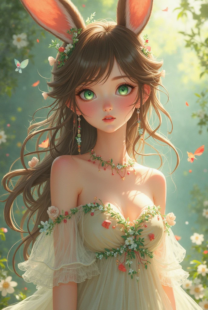 An anime girl with turquoise eyes and long brown hair with red highlights and an elegant green dress 
