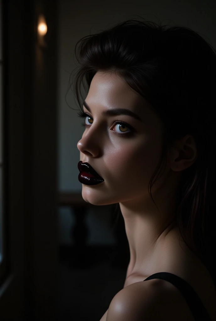 (best quality, hyperdetailed photography:1.2), beautiful white lady, ((dark black lipstick)), freckles, gothic makeup, soft light, curvy figure, head and breast portrait, cover, (detailed beautiful face, detail skin texture, ultra-detailed body:1.1) sexy vampire women, full body photography, with black elegant and sexy dress