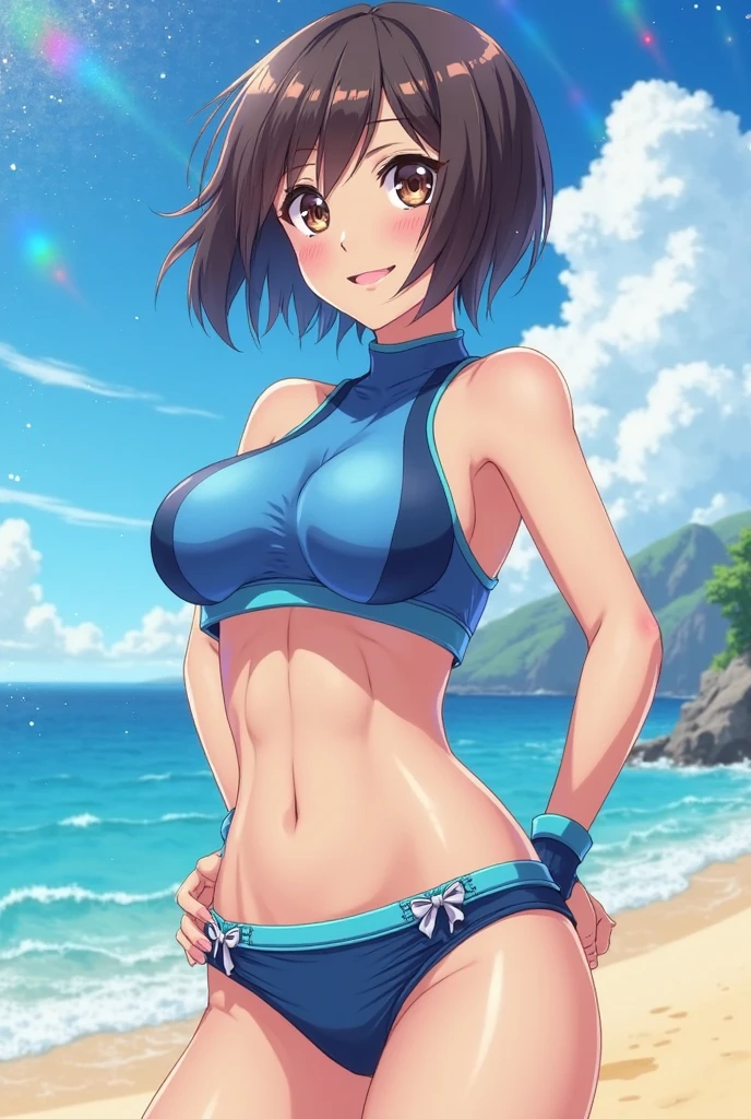 One girl, May Pokemon, Blue Bandana, Brown Hair, short hair, blue eyes, Posing in a blue bikini with her arms raised, chest, chestの谷間, Thighs, Beach, 