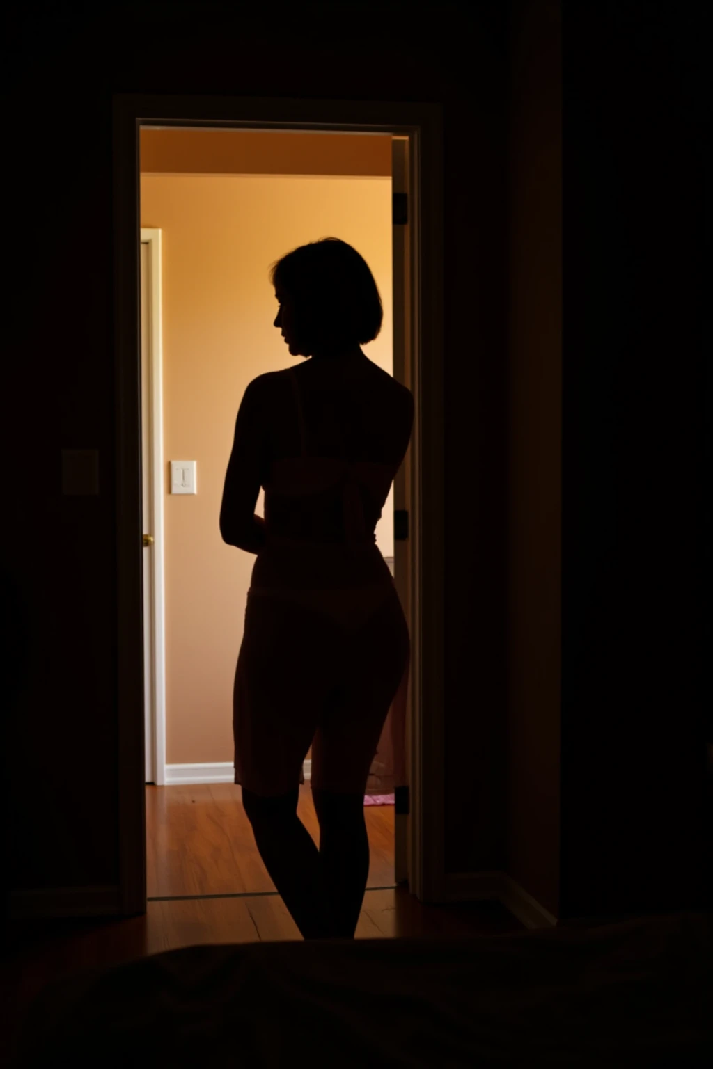Leica Sumilux f1.4 50mm , old monochrome film , bokeh, flare, soft focus, Shallow focus , Nordic girl , (ugly:0.9) , looking away , in the bedroom , (healthy naked:0.6) , Hide with hand , My heart is beating fast