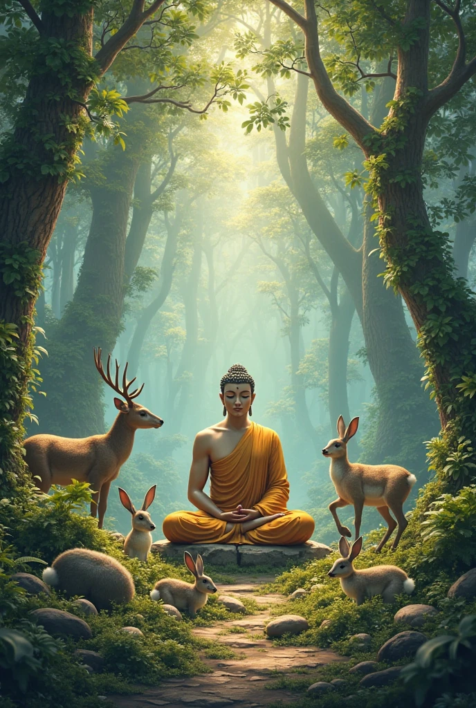 Buddha and animals in forest 