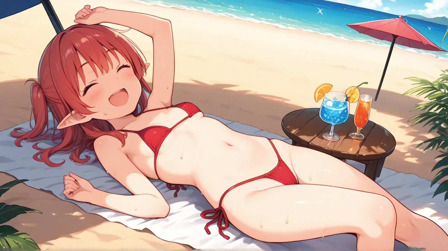 girl, laying down on beach towel, red hair, beach setting, red bikini, umbrella shade, hands behind head, full body, solo, laying on stomach, (masterpiece), ass