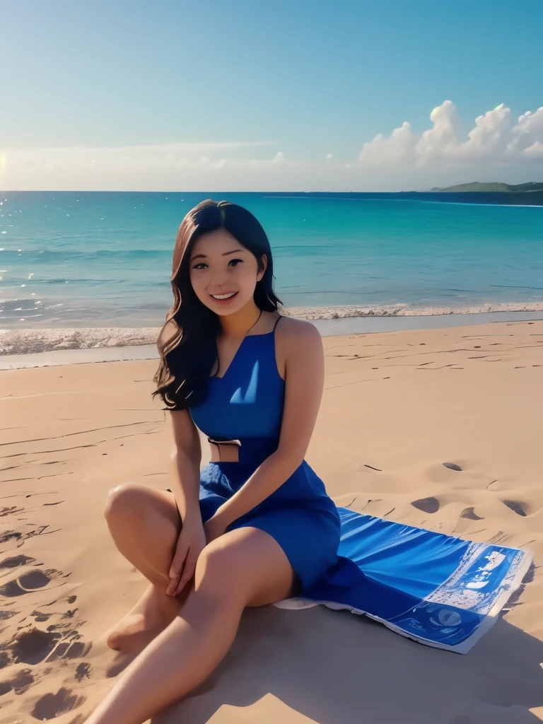 woman in blue lingerie on beach with pier in background, posing on a beach with the ocean, sunny day at beach, Yoshitomo Nara, is wearing a swimsuit, wearing a plastic blue dress, on a sunny day, sunny day, wearing two - piece swimsuit, posing in waikiki, young pretty gravure idol, woman on the beach