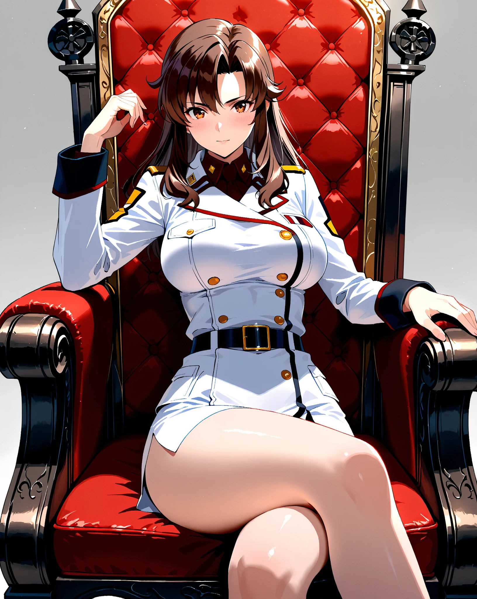 bambietta, sitting on sofa, crossed legs, deep brown eyes, hat, (white skirt), white military form, closed medium breasts | big breasts <lora:bambietta:0.8>, masterpiece, detailed, intricate details