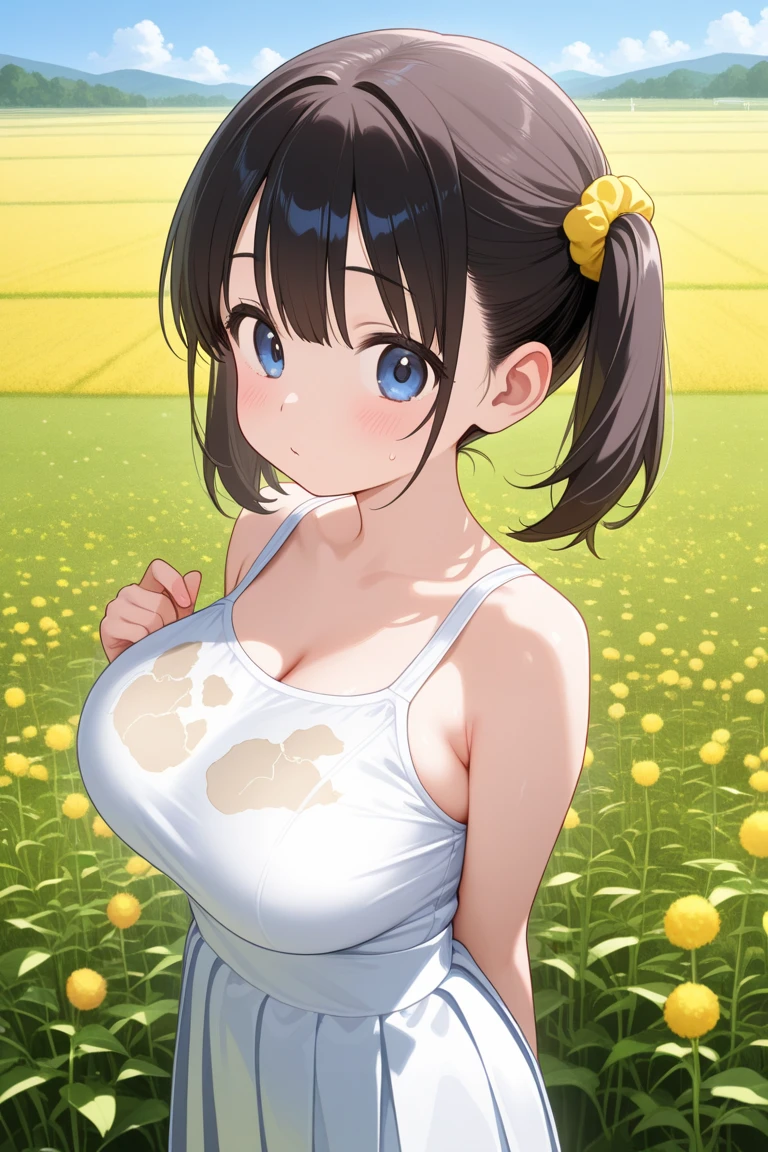 sunny、summer、Sunflower field、White clothes、No bra、Large Breasts、shame、Burning cheeks、Embarrassed、Young face、Large nipples、Big nipples、pubic hair、after the rain、Stained and clingy clothes、茂ったpubic hair、多いpubic hair、Denim hot pants