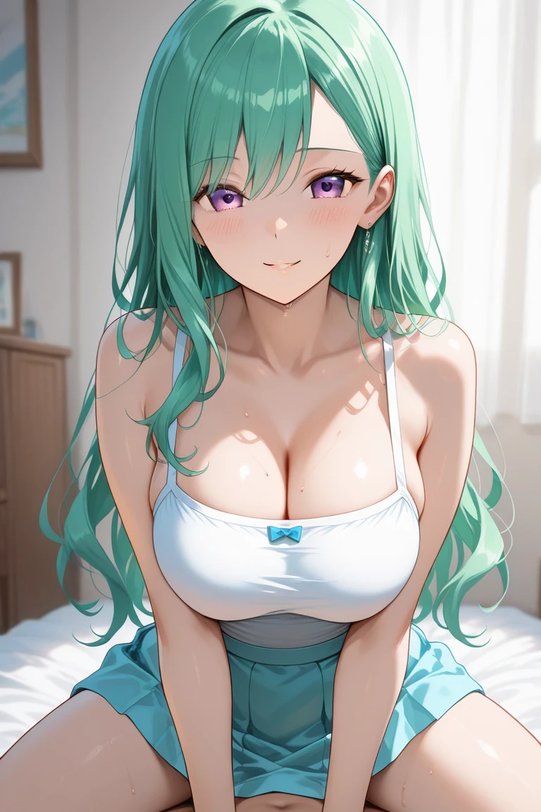 1girl, paizuri, 1boy, penis between the breasts, breasts squeezed together, floral print bikini, in the pool, pubic hair, wet, beautiful, green hair, dark skin, blue eyes, bracelet, necklace, beautiful face,
