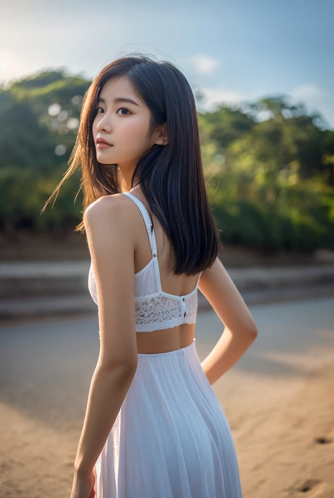 Generate a white Korean girl in hot very small shorts and short bra standing near a tree and sunset