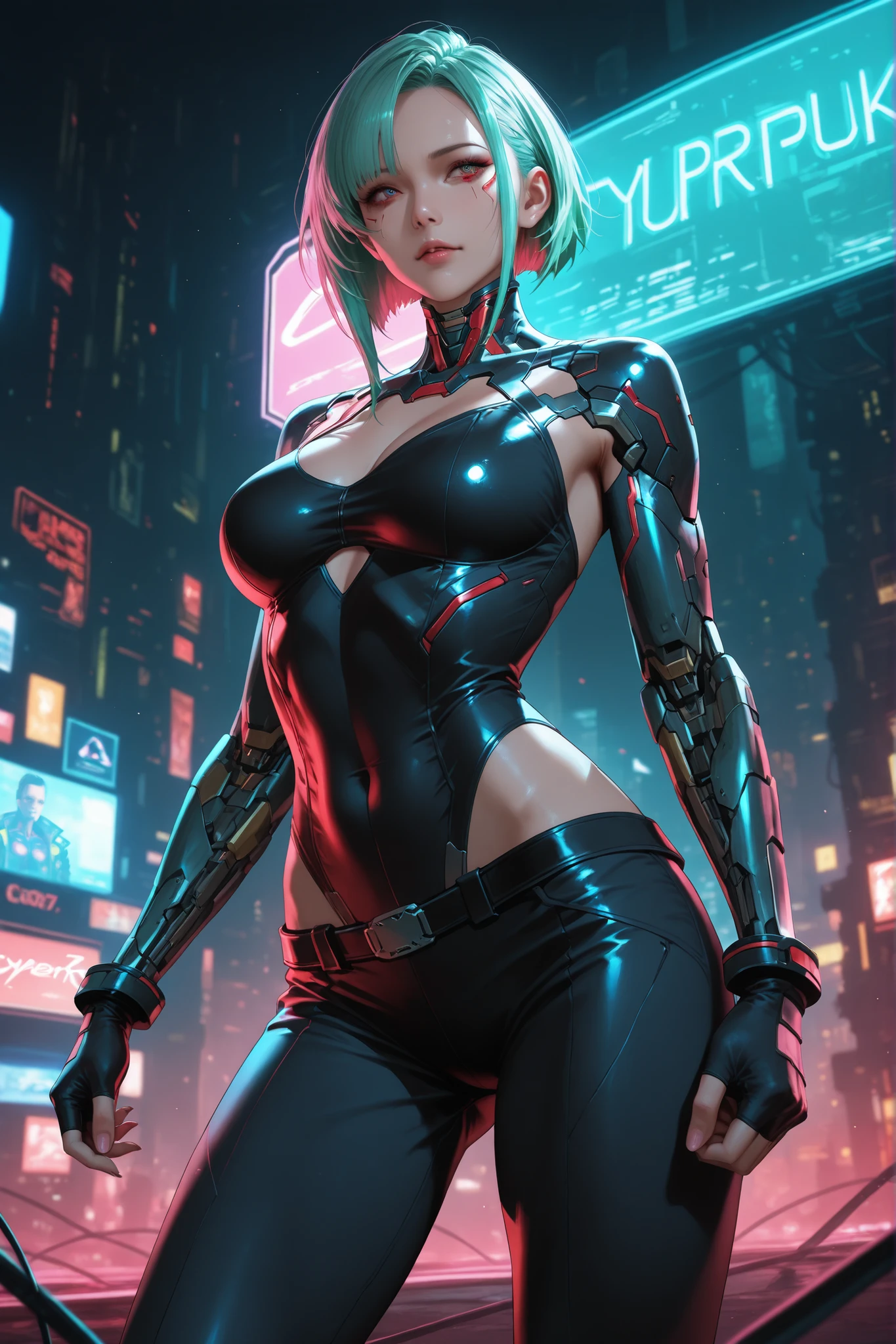 ((30 yo woman)),A super detailed and high quality illustration of a Spider-Girl with long sleeves, huge breasts, and short white hair, highly detailed facial features, beautiful eyes, elegant pose, dynamic action, neon cyberpunk city background, glowing web effects, cinematic lighting, vibrant colors, digital art, concept art style