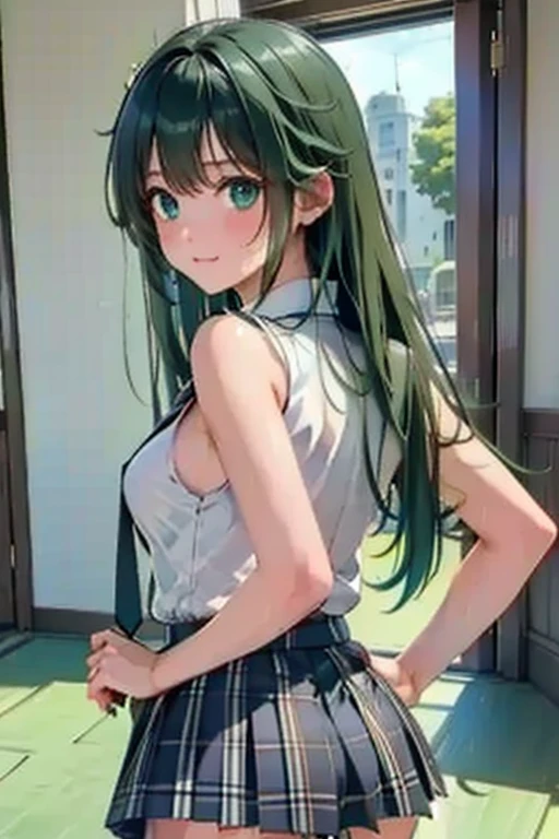NSFW,(Natural finger shape:1.5),4K,masterpiece,((Focus on the face)),((Symmetrical facial features)),Eye for detailed depiction,Beautiful woman,Excellent style,Beautiful feet,(Small Ass,Thin thighs),(stockings,High heels),Detailed depiction of the face,Small earrings,Low angle photo,((Sleeveless,Green Check Skirt)),Hide and seek in the park early in the morning,blue blonde,Close-up photo of the upper body,(Beautiful girl holding a mobile phone in her hand),Panty shot
