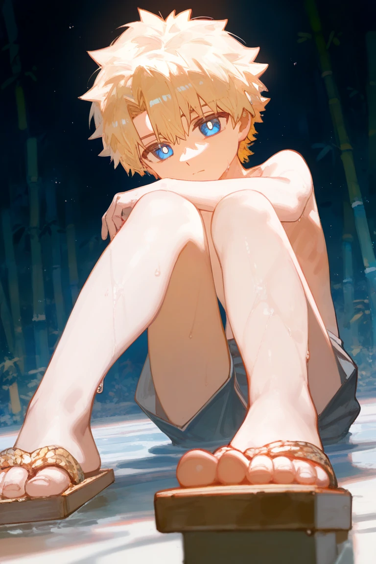 12 year boy with blond hair and blue eyes, swim briefs, very detailed, beach, only briefs, wet body