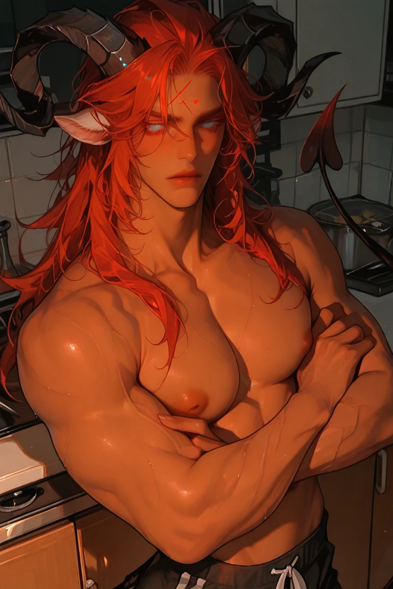 (hyper-realistic digital illustration), (perfect face:1.1), (high detail:1.1) one extremely handsome male elf (naked torso) wearing micro orange g-string, mage long red cloak, clean shaved, front view, lying on his back, holding legs raised, athletic body, (white skin), bare chest, flat chest,(long orange hair scruffy ), serene expression, small waist, muscular. best quality, high-resolution