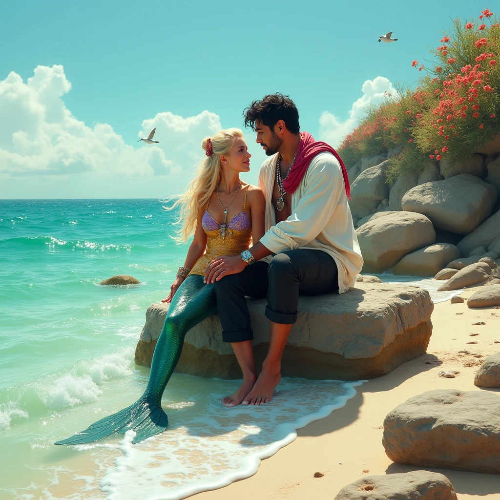 A handsome mermaid prince with short blond hair rescues a black-haired human prince in a white shirt and black pants with an open chest who washes up on the beach.