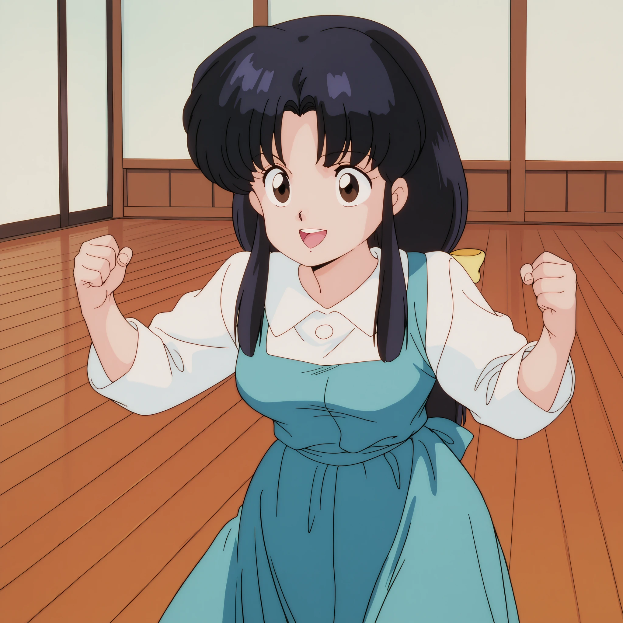masterpiece, best quality, newest, absurdres, highres, detailed eyes, beautiful, detailed background, perfect eyes, anime coloring, masterpiece, best quality, newest, absurdres, highres, detailed eyes, beautiful, detailed background, perfect eyes, anime coloring, retro artstyle, 1990s \(style\), 1girl, solo, tendou akane, black hair, long-tied long hair, sidelocks, brown eyes, medium breasts, white collared shirt, long sleeves, blue dress, long dress,smile,open mouth,wooden floor, dojo,karate pose,