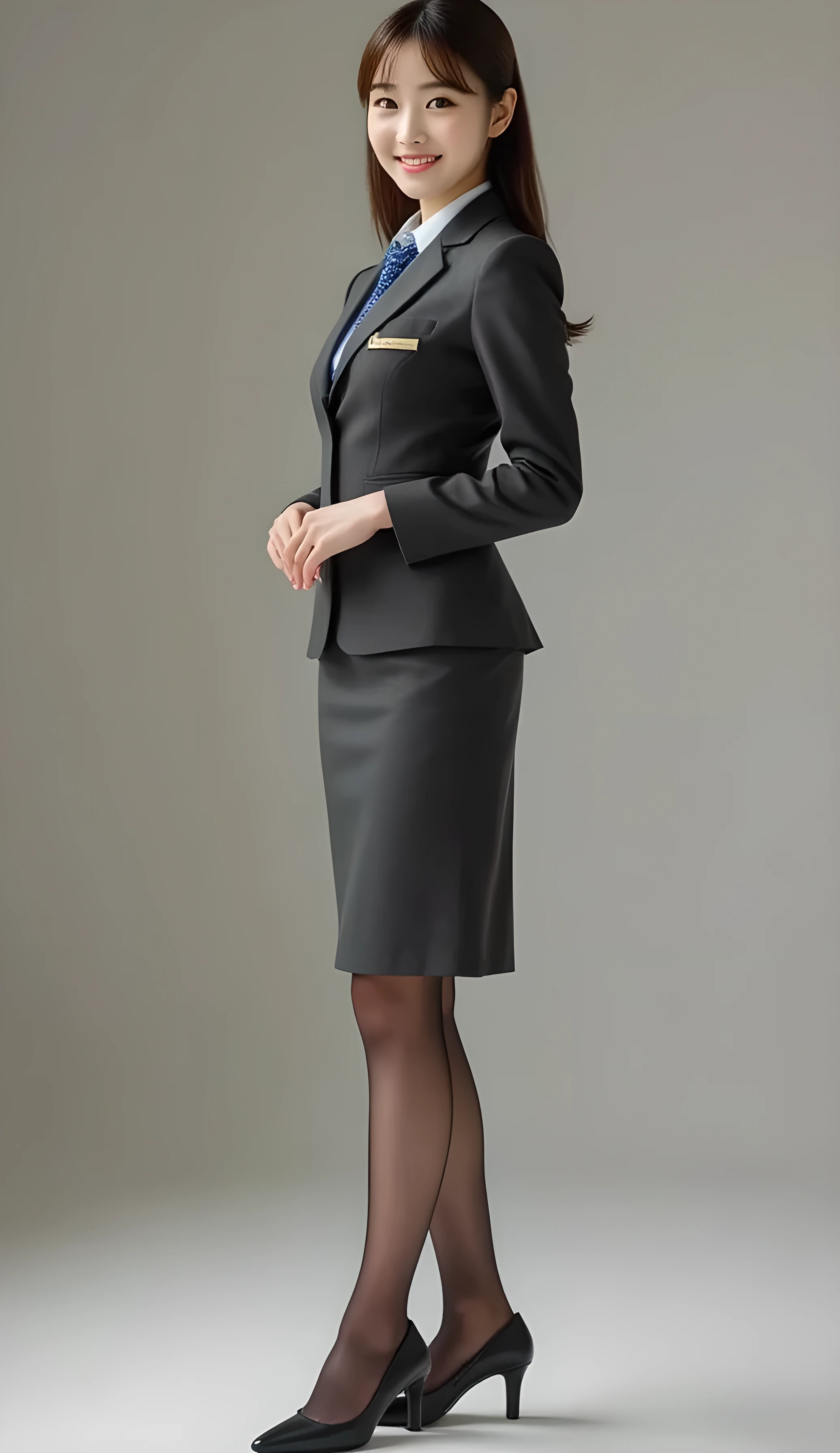 Super Real , Photoreal , (Full body image:1.5), She looks so happy , shadow, Global Illumination , Alone, (Japanese woman in her 20s :1.5), very beautiful、 cute smile , Slim, brown hair , Beautiful Legs , Long, slender legs , Surimi Waist , I'm wearing a receptionist uniform ,I'm wearing a bus guide's uniform , turn your body forward、 white hair,full body photo ,Please take a picture up to the tip of your foot ,wear brown pantyhose glittered on her legs ,When the light hits stockings, they reflects beautifully., wearing black high heels ,