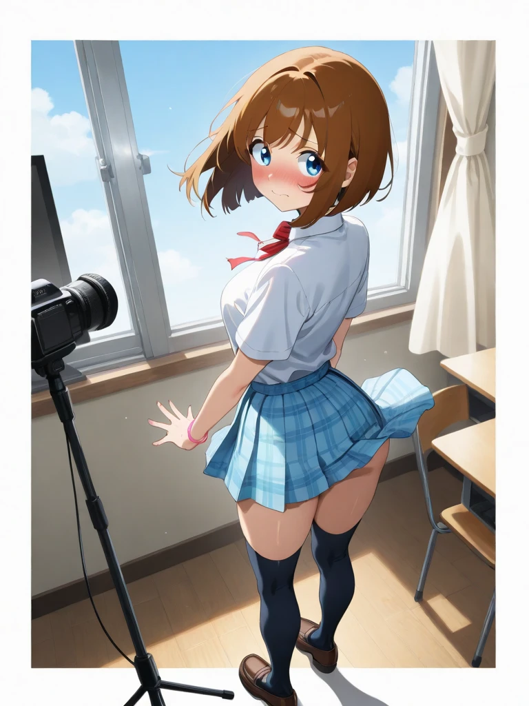 ((masterpiece)), ((best quality)), (ultra-detailed), ((extremely detailed)), 4K, (8K), best quality, (beautiful), anime style, upper body, look up from below, full body focus, in the town, a cute girl, 1girl, solo, panties shot, tareme, (school uniform), beautiful light brown hair, ((beautiful eyes)), medium hair, buttocks, ashamed, lens flare, shiny-glistening, gleaming,public,photographer,foreground,phone screen,camera, Professional Lighting