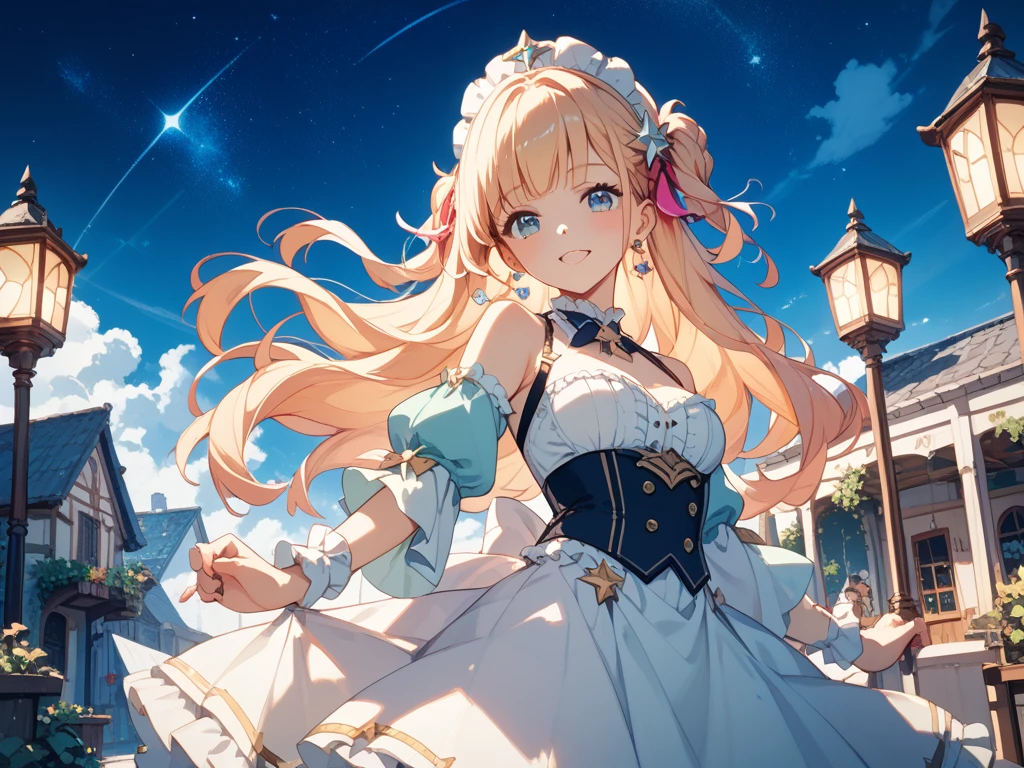<lora:sato_shin-v13:0.8>, sato shin, blonde hair, heart ahoge, green eyes, large breasts, blonde hair, short twintails, smile, gazing, close-up, absurdres, highres, (official art, beautiful and aesthetic:1.2), ultra detail, close view, aerial, beautiful person, (shining sky:1.2), vast world, gazing, awe-inspiring expression, distant horizon, clouds, high hill, natural beauty, nature, inspiration, night sky, (shining stars:1.1), from side, pink dress, pink choker, sleeveless dress, bare shoulders, underbust, cleavage, collarbone, navel, wrist cuffs, wrist ribbon, layered skirt, frilled skirt, pink skirt, bridal garter,