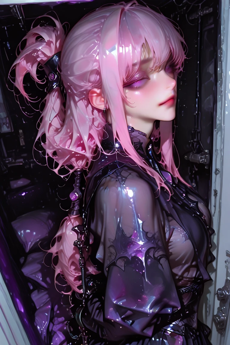 (8k, Highest quality, masterpiece:1,2), (Realistic, Photorealistic:1.37), Super Detail, One Girl,), (Very detailed), (Beautiful and detailed eyes), (Highest quality), (Very detailed ), (masterpiece), (Detailed face),20-year-old, ,1 girl, ((Pink Hair,Long Hair)), Medium chest, Dressed, Perfect lighting, break (Black bodysuit:1.3), (transparent Shiny material around navel:1.4), (Black leggings or pants that are integrated with the bodysuit:1.4), (Body-conscious and sexy silhouette:1.5), (Cross strap design on the back:1.3), No socks, (Black high heel boots:1.2), (Silver Choker:1.2), (Transparent handbag with transparent strap:1.3),(Shiny, Shiny:1.5), (Wet:1.5), brake (pink Long Hair:1.3), (Hair on the left:1.2), (Hair behind the right ear:1.2), (Wet Hair:1.4), (Big eyes:1.3), (Excited face, Mischievous face:1.4), (Fold your arms in front of your chest:1.3), (Transparent handbag in right hand:1.2), (Pull your right hand back:1.2), (Tilt your body slightly to the right:1.2), (Standing on tiptoes:1.2), (dark underground warehouse:1.3), (Graffiti and stains on the wall:1.2), (Puddles and trash on the floor:1.2), (Back door and stairs:1.2), (strong spotlight from the front:1.4), (Light reflects off transparent materials and hair.:1.5), (glossy and Shiny:1.5), (Blur the background:1.3)
