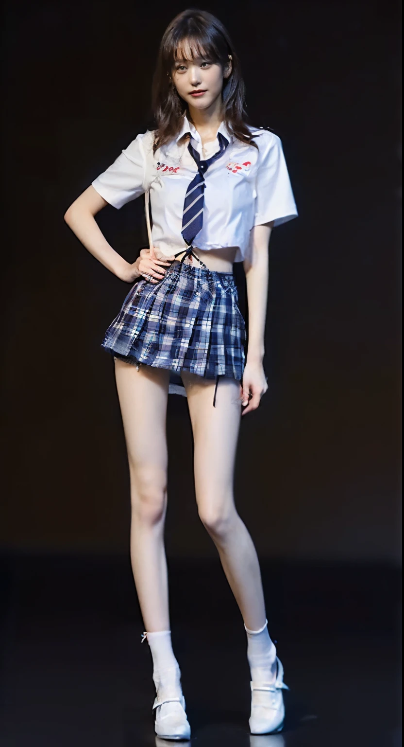 ((masterpiece)),(((最high quality))),(((((A full-body shot of a girl from floor height:1.8))))),((Photograph the whole body from knee height:1.7)),((((((Stand up straight with your legs together:1.9)))))),((Thin thighs)),((Long legs)),(((Girl standing in a school classroom:1.5))),(((Micro Mini Skirt Uniform:1.6))),((tall:1.6)),((Japanese high school girls wearing summer uniforms:1.8)),((Wearing a red checked tie)),Wearing a short-sleeved white shirt,The bra is clearly visible through the fabric,(Blue checked micro mini skirt:1.2),(:1.3),bangs,A small smile,((cute女の子)),Slender girl,Black Loafers,Short white socks up to the ankles,cute,cute,Black hair ponytail,Thin legs,Slim model body shape,Very small waist,Small hips,Thin legs,long thighs,Thin thighs,Thin hands,Long hands,((((Photograph the whole body from below:1.7)))),((k-popのIVEのWONYOUNGにそっくりの女の子:1.9)),((Face your whole body straight ahead:1.8)),((tall:1.4)),(Stand with your legs straight and without bending your knees:1.7),((Stand up straight:1.7)),((Keep your hips facing forward:1.7)),The ankles are super thin,Beauty,Fine skin,Firm skin,引き締まったThin legsの肌を細部までリアルに再現,Super detailed, High detail,high quality,Awards,High resolution,(Anatomically correct:1.3),(8K,Raw photo,最high quality,masterpiece:1.5),(((Photographing a girl's whole body from below))),(((She is taking a photo alongside three other girls from her class.:1.5))),3人ともスリムでcute,((Stand up straight with your legs together:1.7)),((Stand up straight without bending your knees:1.7)),((Stand up straight with your feet shoulder-width apart:1.5)),((Stand up straight in a relaxed position:1.7)),(((Keep your spine straight:1.8))),((Face forward:1.2))