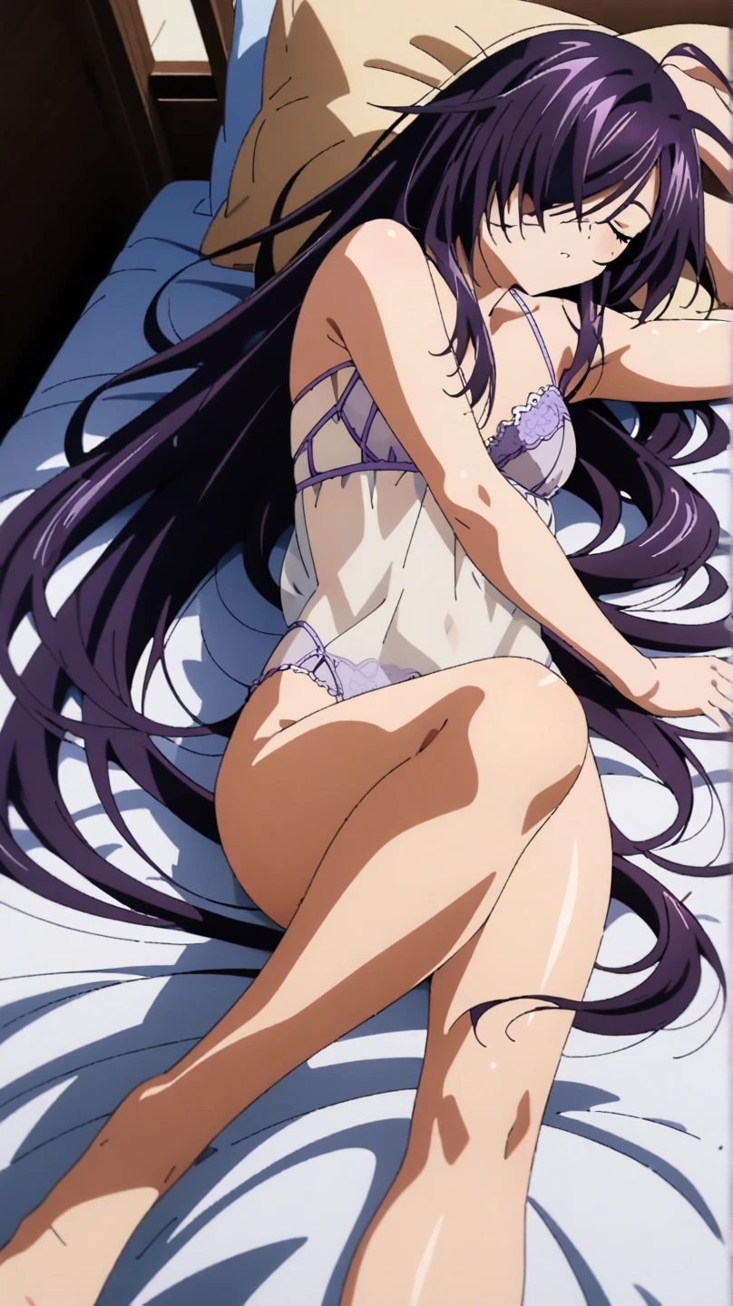 low angle shot,looking up from below,Back photo。Disdainful eyes and angry expressions (a female athlete,Wearing purple lace underwear,Lying in bed,There is water flowing out of the vaginal opening)