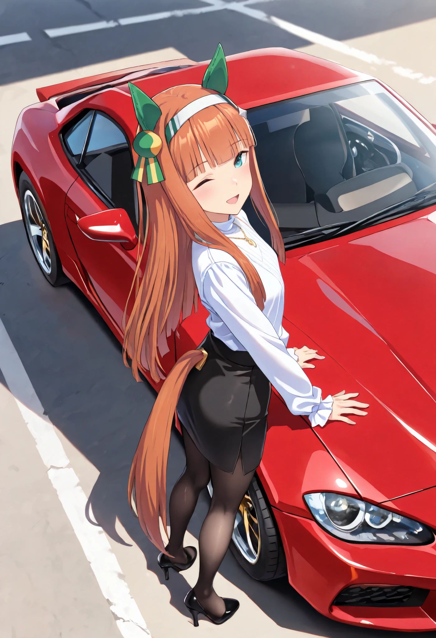 (masterpiece, best quality, perfect face:1.4), wide angle, silence suzuka \(umamusume\), horse ears, ear cover, white headband, small breasts, horse tail, tail on the lower back, proportional body, proportional,1 girl, beautiful hair, beautiful face, beautiful detailed eyes, beautiful clavicle, beautiful body, beautiful chest, beautiful thigh, beautiful legs, beautiful fingers, looking at viewer, BREAK, white tight blouse, black tight mini skirt, black pantyhose, black stiletto high heels, sunglasses, ear piercing, thin gold necklace, an open roof convertible red sports car is parked on the side shoulder of the hill of a coastal road in the distance, the car is red BMW M4, she is standing on the edge of the road and looking at the sea at sunset, the coast stretches wide down the hill, a hotel is visible in the distance, soft lighting, full body, from above, BREAK, blush happy smile (open mouth), one eyed closed, textured skin, realistic skin, HDR, BREAK, good hands