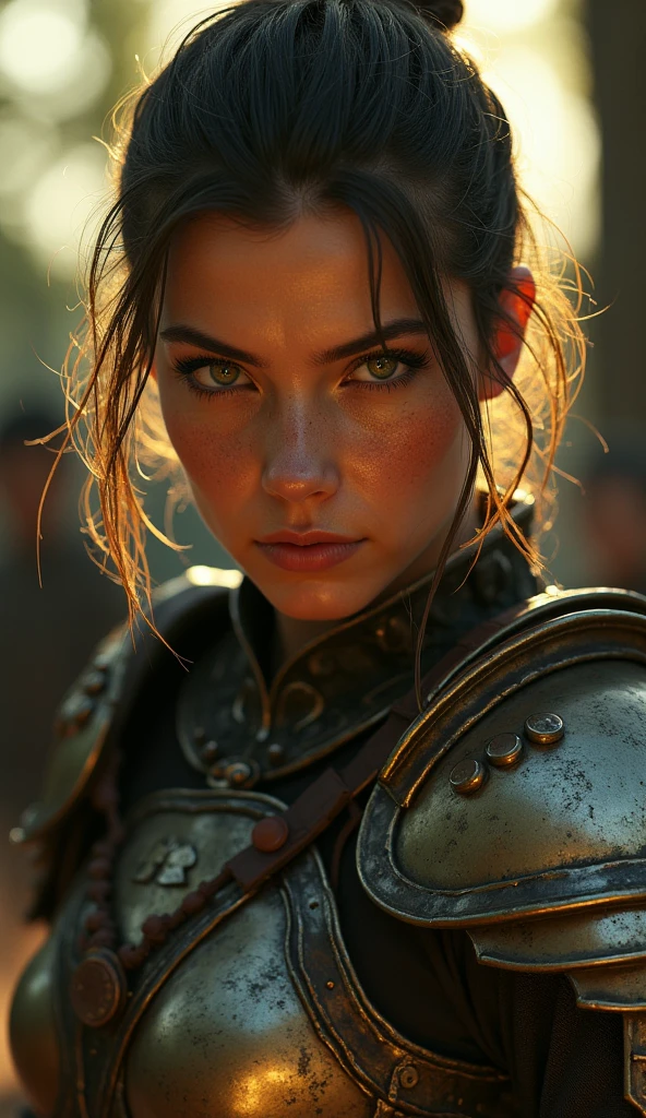 1 female, warrior, battle armor, worn out battle armor, came from a battle, green fields background, 4k quality, very detailed, bokeh, great lighting, very sexy, slightly sweating, very serious faces. full body shot