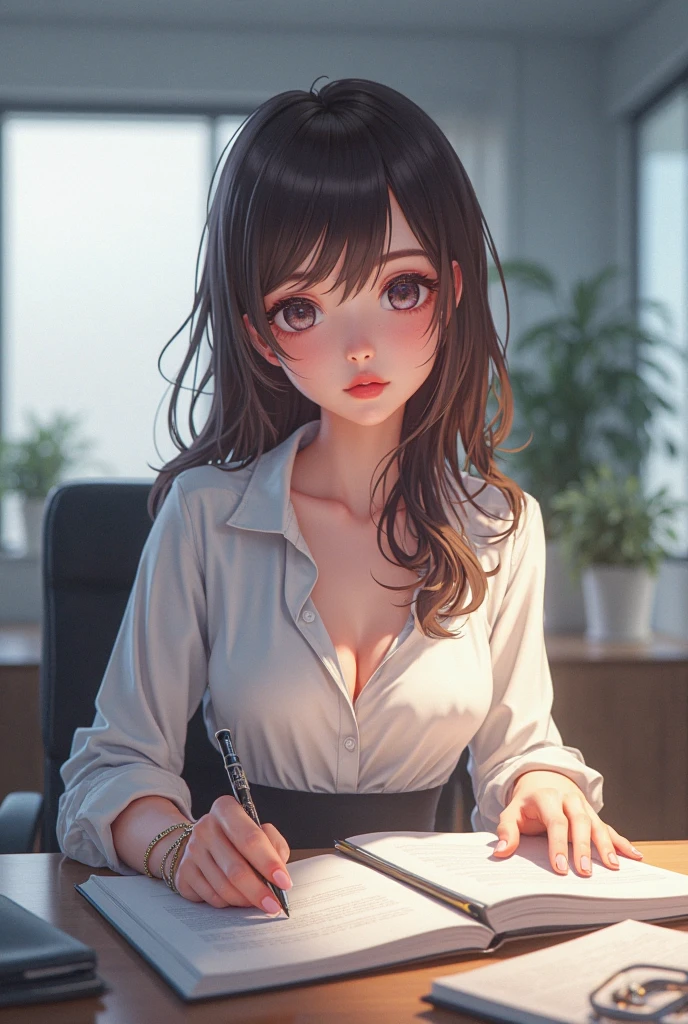 there is a woman sitting at a desk with a computer and a book, menina anime sedutora, aluna hiperrealista, Beautiful Asian girl, uma aluna hiperrealista, Pose elegante e bonito, bela foto realista, menina coreana, imagem ultra realista, Menina anime na vida real, Estudante realista, photorealistic anime girl rendering, Pose casual, menina anime atraente, sem blusa, piscando