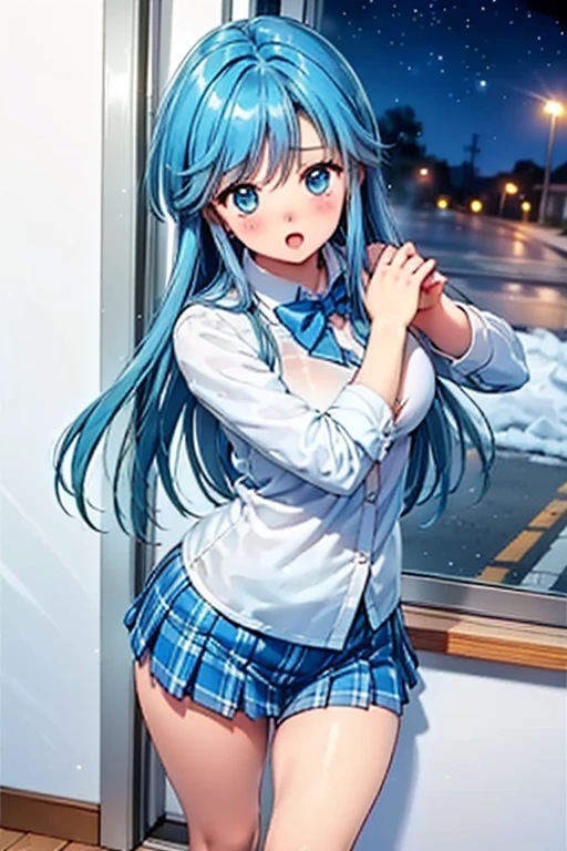 Blue hair, Girly, A half body, Thighs, Shy, Cat ears, White stockings white background feet JK uniform