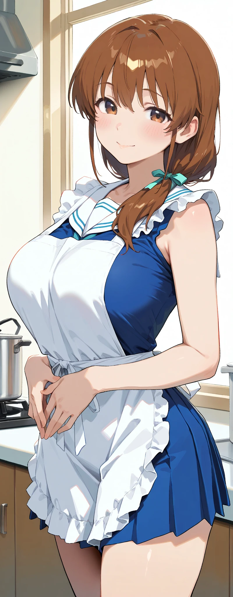 (Masterpiece、Highest quality、Very detailed、4K)、One Woman、17 years old、Big Breasts、Thighs、(Naked Apron)、stand、(Angle from below)、No underwear
