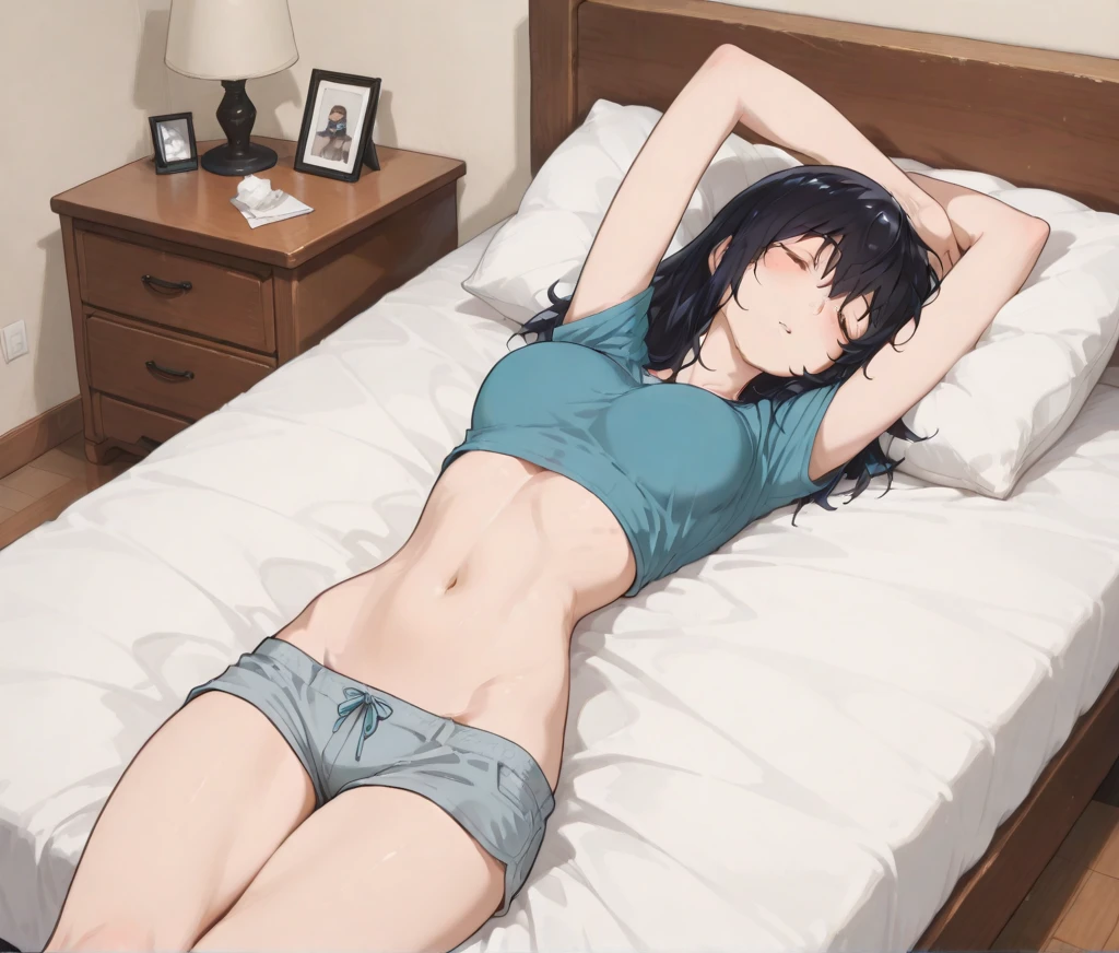 Masterpiece, ultra-detailed, One girl, lying on bed, Narrow waist, sexy hips, Full body view, Fubuki reclining on her back, Pillow hugged closely above head, Armpits exposed as she raises hand, Blushing face with a seductive smile, Flirty gaze, Inviting expression, No blurring, Ultra HD, Smooth rendition, Perfectly defined features.