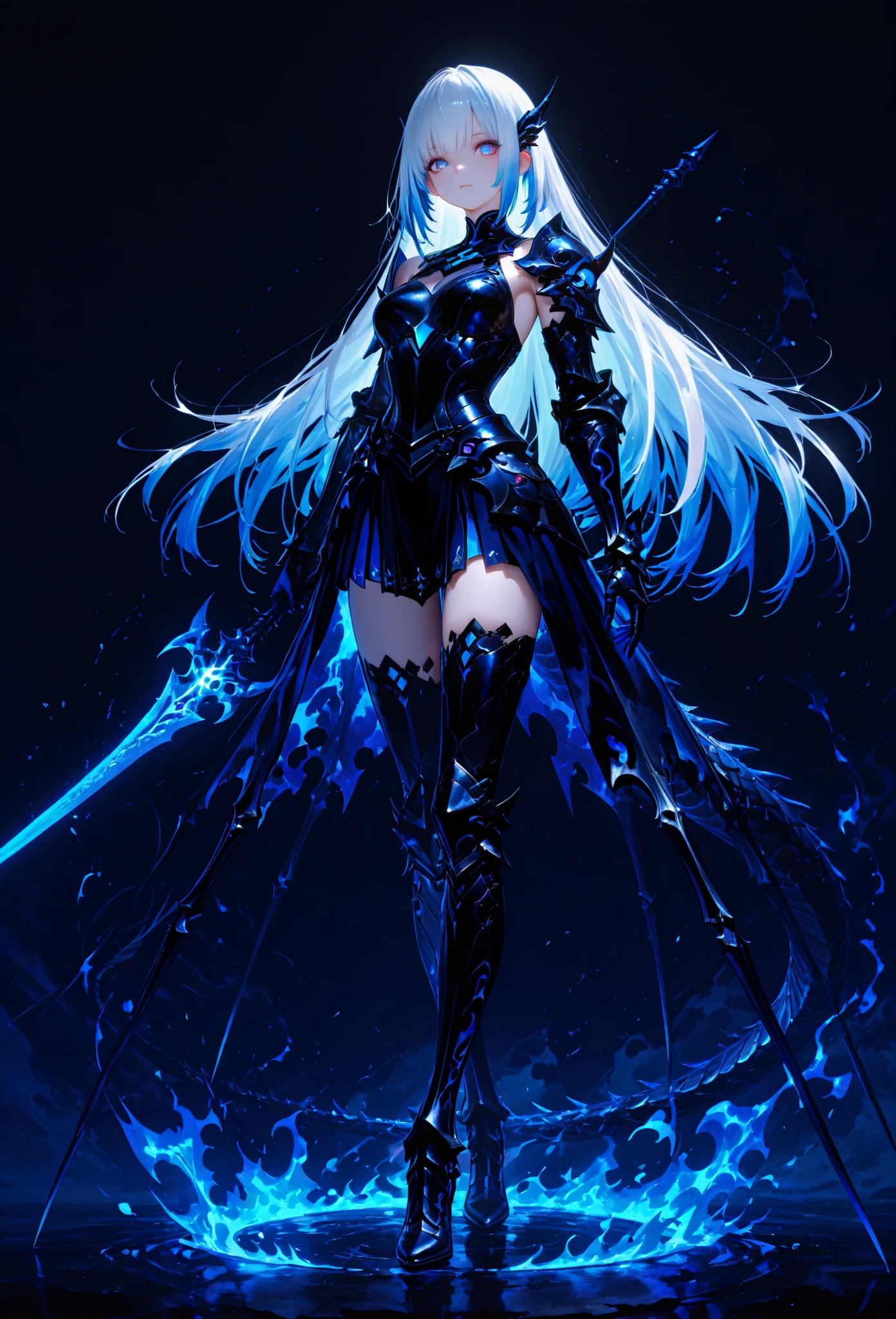 1 girl, solo, short girl, lolita, highly detailed silver hair, crystal hair, back twintails, beautiful deep blue eyes, glowing eyes, small breasts, intricate black blue and gray crop_top with threads, threaded outfit, mini skirt, short black socks, holding bow-like weapon, fantasy-style brown shoes, concentrated expression, aiming with weapon, side view, woods in background