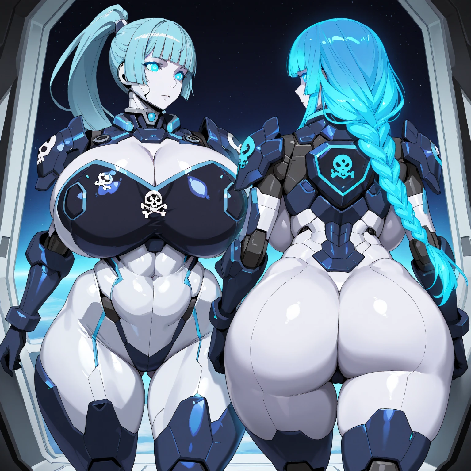 2girls, kissing, breasts, large breasts, wude hips, french kiss, ass, bodysuit, black bodysuit, yuri, futuristic, science-fiction, tech, machinery, very short hair, short hair, blue hair, blonde hair, bikini, neon, neon trim,