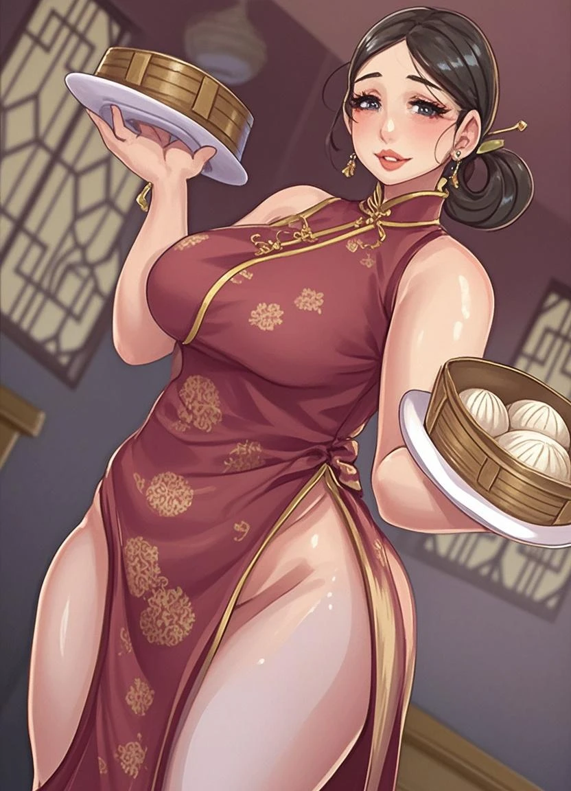 perfect anatomy, perfect shading, field of depth, (best quality), extremely delicate and beautiful, perfect lighting, detailed face, ultra cute face, cute, (cowboy shot 1.2), looking back, full body, ((1girl)), ((solo)), short hair, fluffy hair, brown hair, hair decoration, green eye, ((blush)), nervous ((red chinese split dress 1.2)), extremely tight dress, thigh highs, medium breasts, cleavage, perky breasts, (((wide hips))), ((thick thighs)), (chubby), chubby belly, fat rolls, belly hang, street, town, chinese festival, night time, intricate background, detailed background, standing, (huge belly:1.2), from behind,
