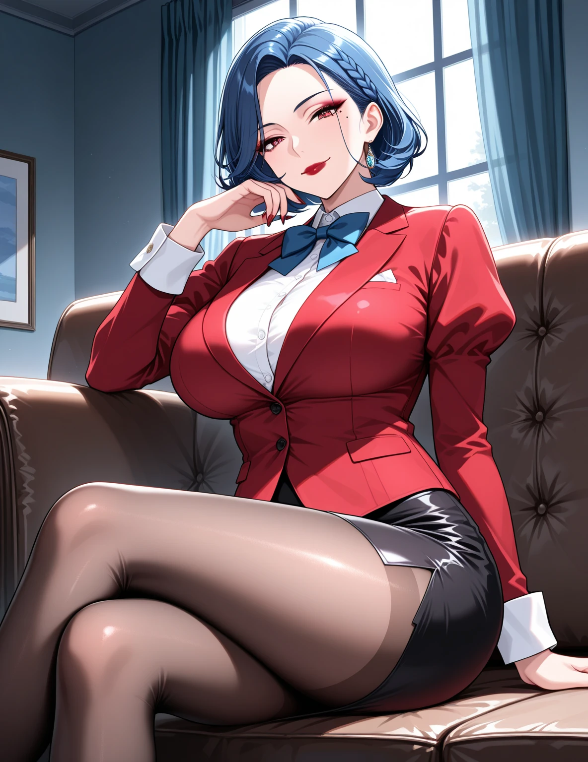 A sultry secretary, with bewitching charm and wicked intent, manipulates her team from behind the scenes, framed in a dimly lit office with a sleek wooden desk. Wet black lips curve into a sly smile as she dictates every move, her curves showcased against the rich wood tone. Her male colleagues, blinded by lust, follow her every command, oblivious to the destruction she brings, siphoning company resources to enrich herself and firing inconvenient women along the way.