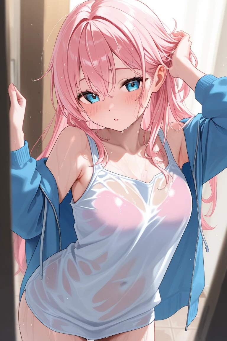 One Girl、Pink Hair、pastel colour、cute、blush、, afternoon, Underwear is visible, Small breasts, A see-through shirt